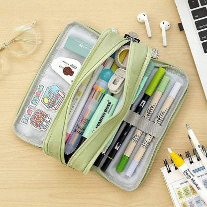 Big Capacity Pencil Case, OLIYuMi 3 Compartment Pencil Pouch Pencil Bag Storage Box Stationery Organizer Makeup Bag with Zipper Closure for Student Office College Boys and Girls (Pink)