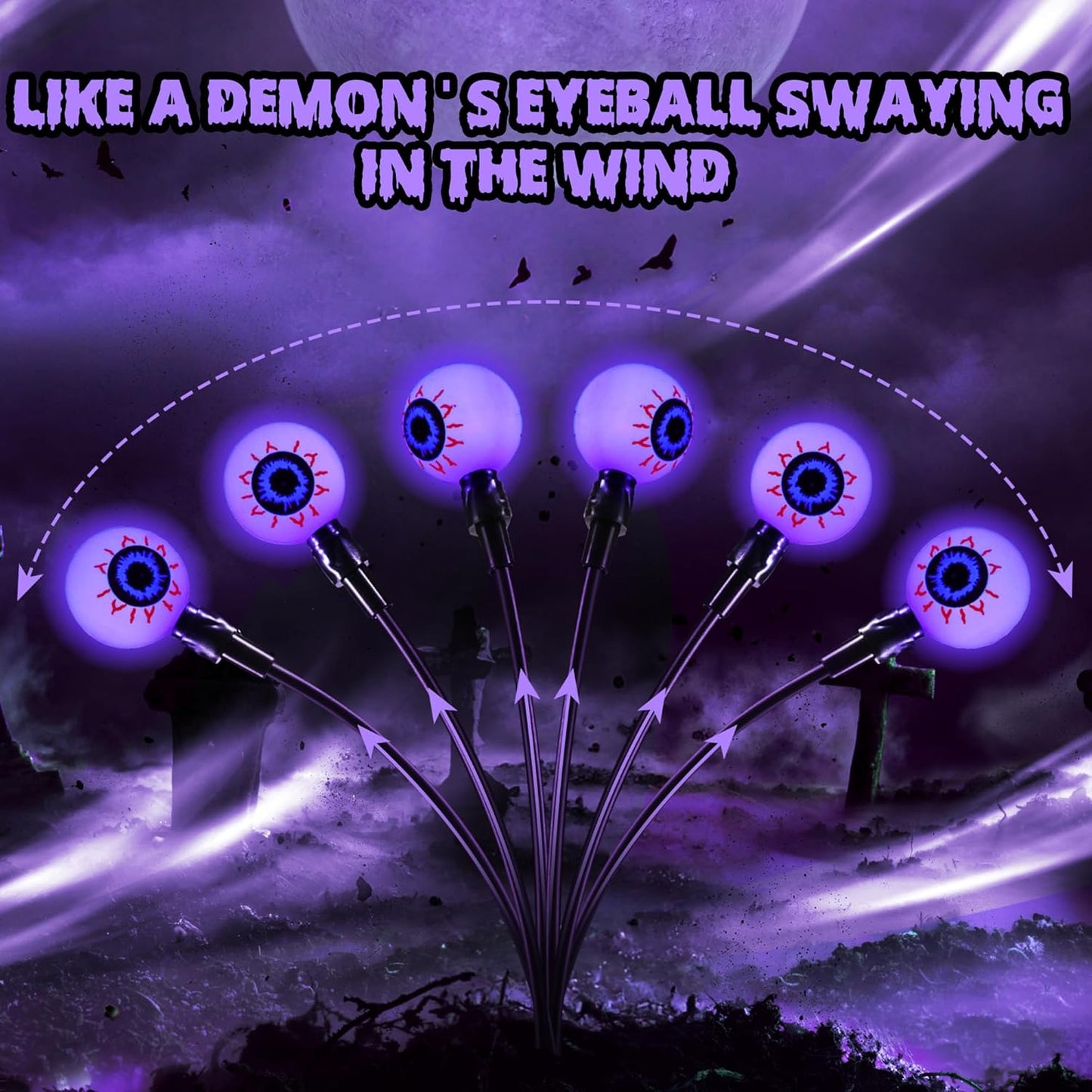 iBaycon 2 Pack 12 LED Solar Eyeball Lights, Halloween Decorations Firefly Lights Outdoor Waterproof, 2 Modes Solar Powered Swaying Light for Yard Garden Landscape Decor (Purple)