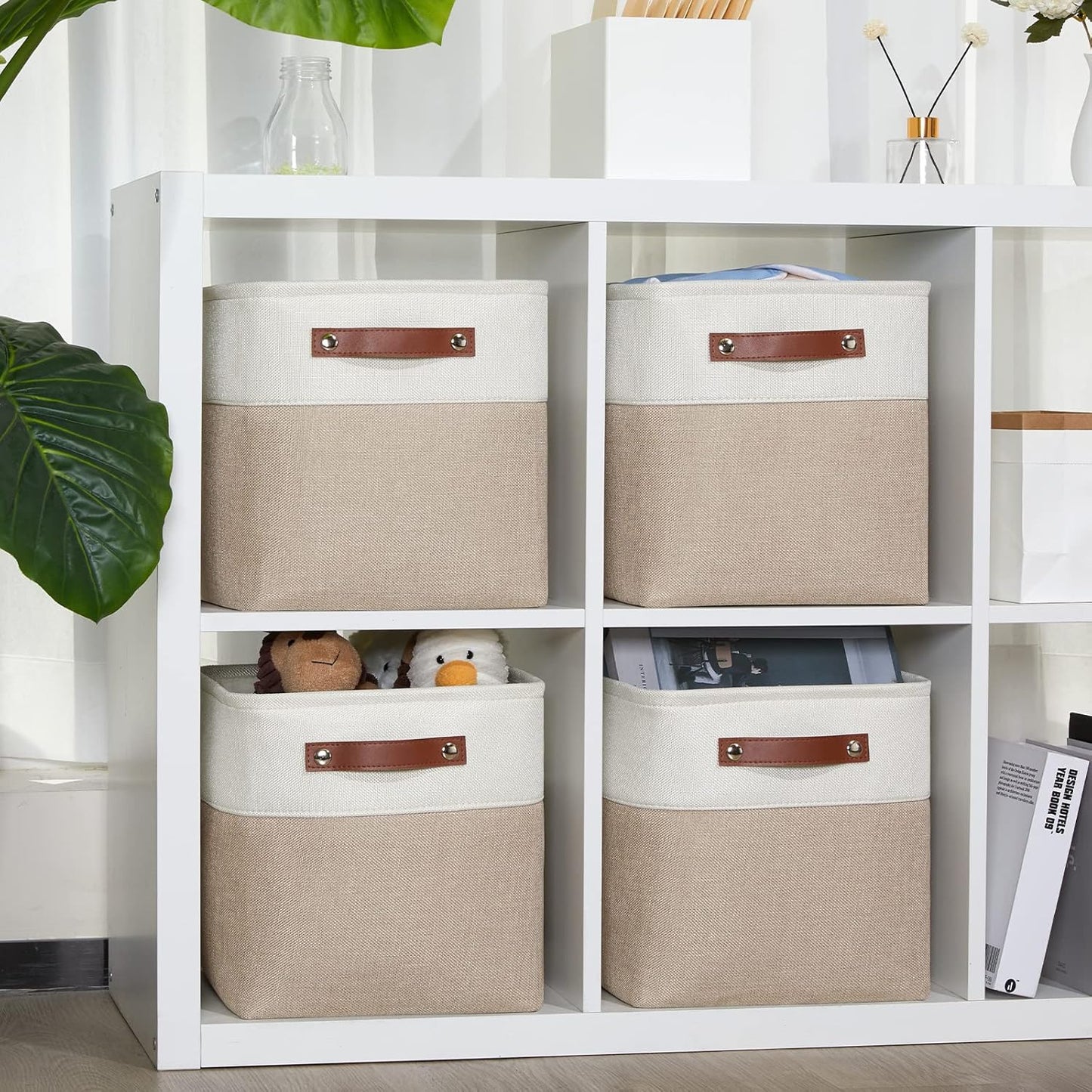 DULLEMELO Storage Baskets for Shelves, Fabric Collapsible Rectangular Storage Bins for Shelves, Closets, Nursery, Home, Office, Empty Gift Baskets (White&Teal)
