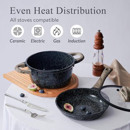 Ceramic Cookware Set 22 Piece Nonstick Pots and Pans Set Non Stick Kitchen Cooking Sets 8" Frying Pans with Lid,Black Granite Non-Toxic Induction Kitchen Cookware w/Glass Lids PFOS/PFOA-Free