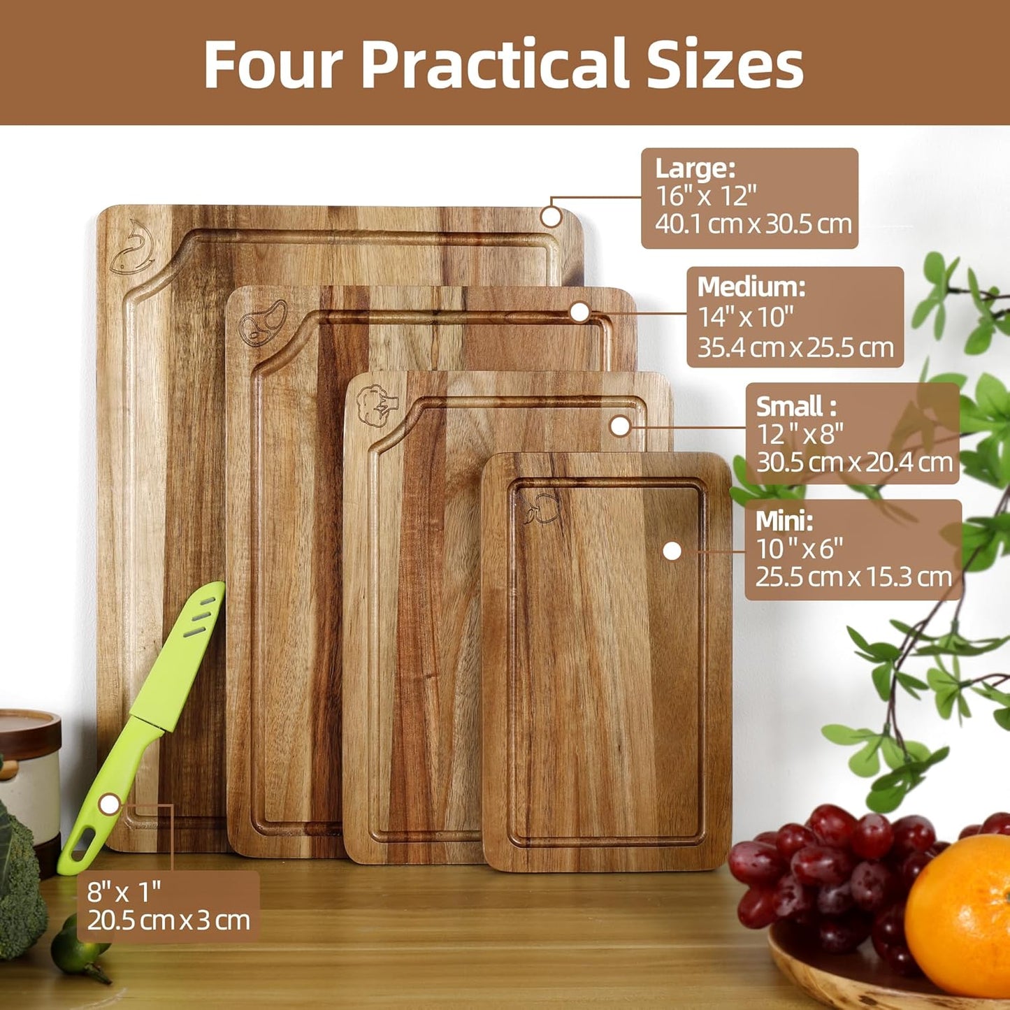 Bamboo Cutting Board for Kitchen, Bamboo Cutting Board Set of 3 with Juice Groove, Double-Sided Chopping Board Serving Board with Hanging Hole for Meat, Vegetables and Cheese