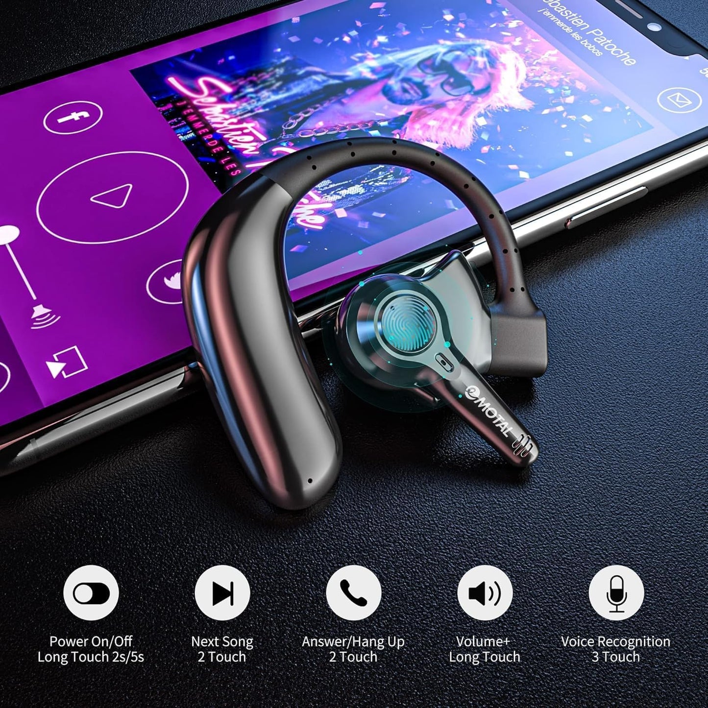 emotal Dual-Mic AI Noise Cancelling Bluetooth Headset for Cell Phones, 10 Days Standby 30Hrs HD Talktime Bluetooth Earpiece IPX6 Waterproof Ultralight for Driving/Truckers/Business