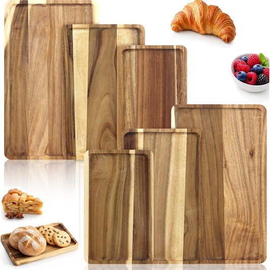 6 Pack Acacia Wood Serving Trays, Wooden Serving Platters in 3 Sizes, Rectangular Wood Food Trays for Bread Fruit Dessert Snack Coffee Table Countertop Kitchen Serving Board