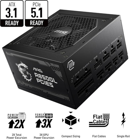 MSI MAG A750GL PCIE 5 Gaming Power Supply - Full Modular - 80 Plus Gold Certified 750W - Compact Size - ATX PSU - PuriLite