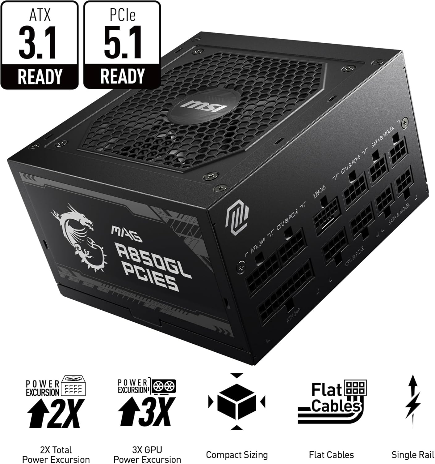 850W Fully Modular Gaming Power Supply – 80+ Gold, ATX 3.1 & PCIe 5.1 Ready, Compact High-Efficiency PSU with Native Dual-Color 12V-2x6 Cable - PuriLite
