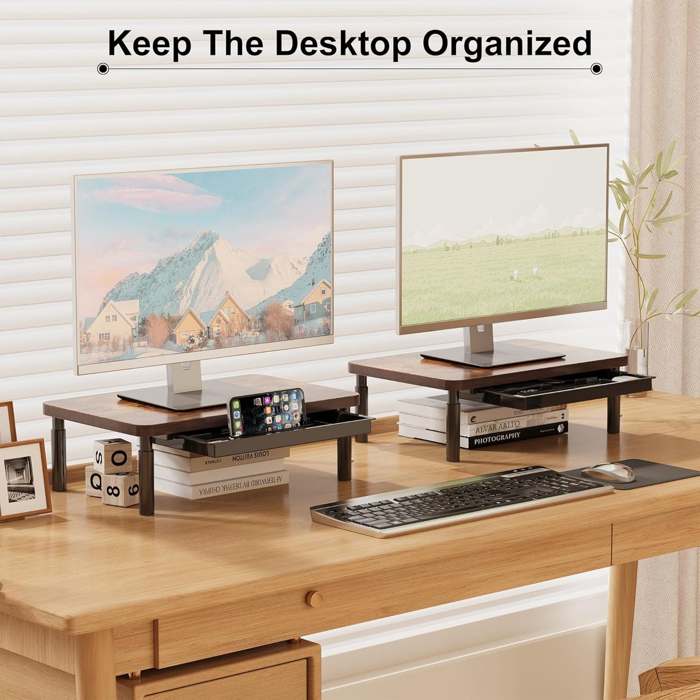 Adjustable Monitor Stand Riser for Desk with Storage Drawer, Ergonomic Computer Monitor Stand for Office and Home, Wooden Desktop Stand for Monitor, Laptop, or Printer (Walnut Finish) - PuriLite
