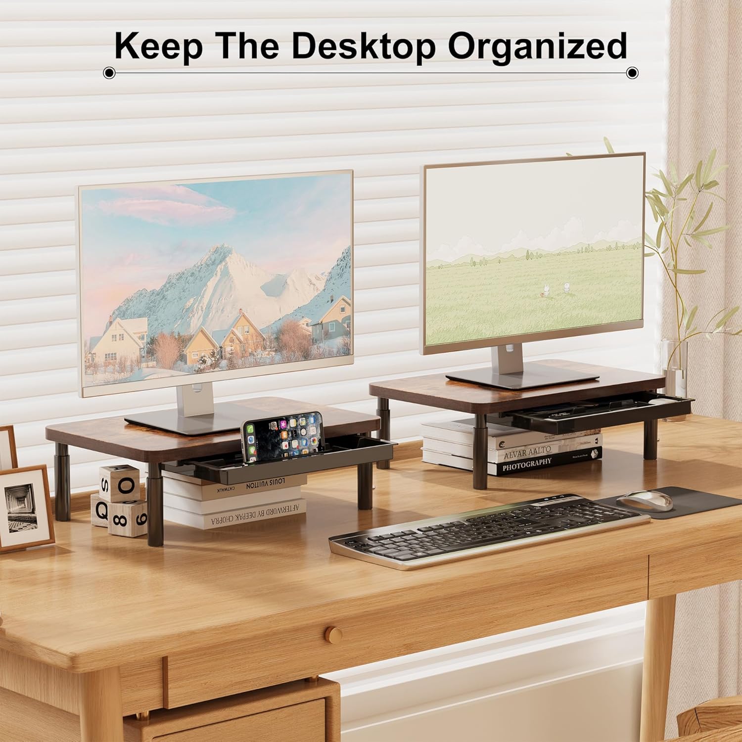 Adjustable Monitor Stand Riser for Desk with Storage Drawer, Ergonomic Computer Monitor Stand for Office and Home, Wooden Desktop Stand for Monitor, Laptop, or Printer (Walnut Finish) - PuriLite