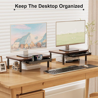Adjustable Monitor Stand Riser for Desk with Storage Drawer, Ergonomic Computer Monitor Stand for Office and Home, Wooden Desktop Stand for Monitor, Laptop, or Printer (Walnut Finish) - PuriLite