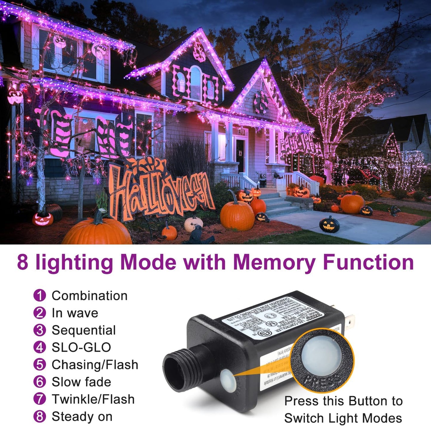 Halloween Lights Outdoor, 105 FT 300 LED Waterproof Plug in String Lights with Memory Function, 8 Lighting Modes for Halloween Party Decor(Purple Orange)