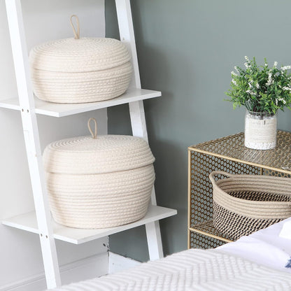 Sea Team Round Cotton Rope Storage Basket with Lid, Decorative Woven Storage Bin, Pot, Caddy, Organizer, Container for Snacks, Towels, Plants (Grey, Small)