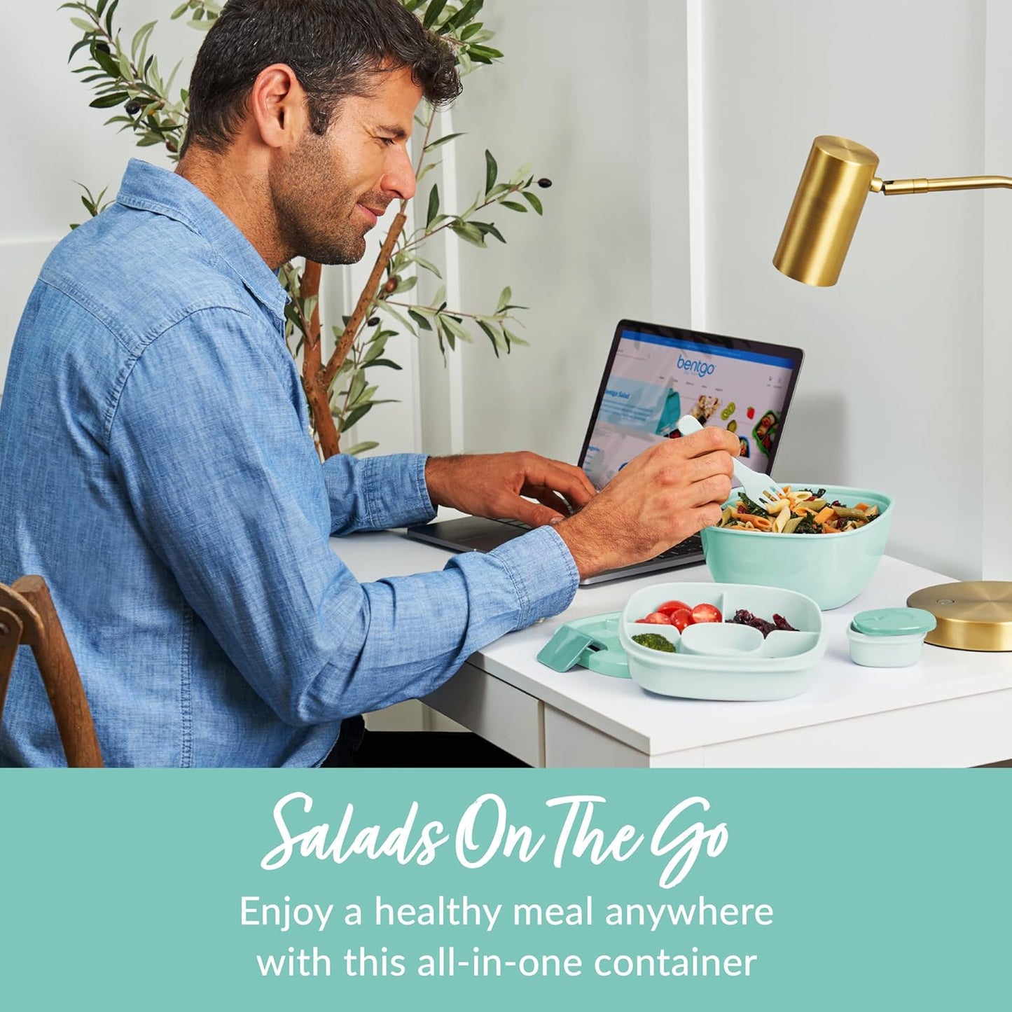 Bentgo Salad - Stackable Lunch Container with Large 54-oz Salad Bowl, 4-Compartment Bento-Style Tray for Toppings, 3-oz Sauce Container for Dressings, Built-in Reusable Fork & BPA-Free (Khaki Green)