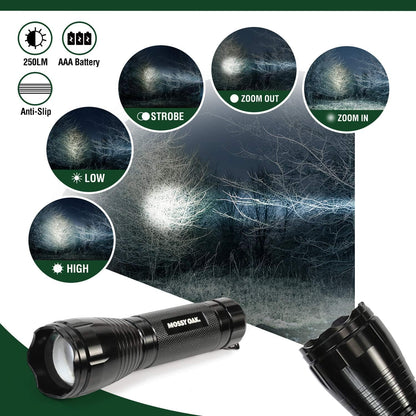 Mossy Oak Axe and Fixed Blade Knife with Sheath, One-Piece Camping Hatchet and Hunting Knife with Rope Handle, Includes Zoomable Tactical Flashlight and Many Other Tools, 15 Pieces Camping Tool Set