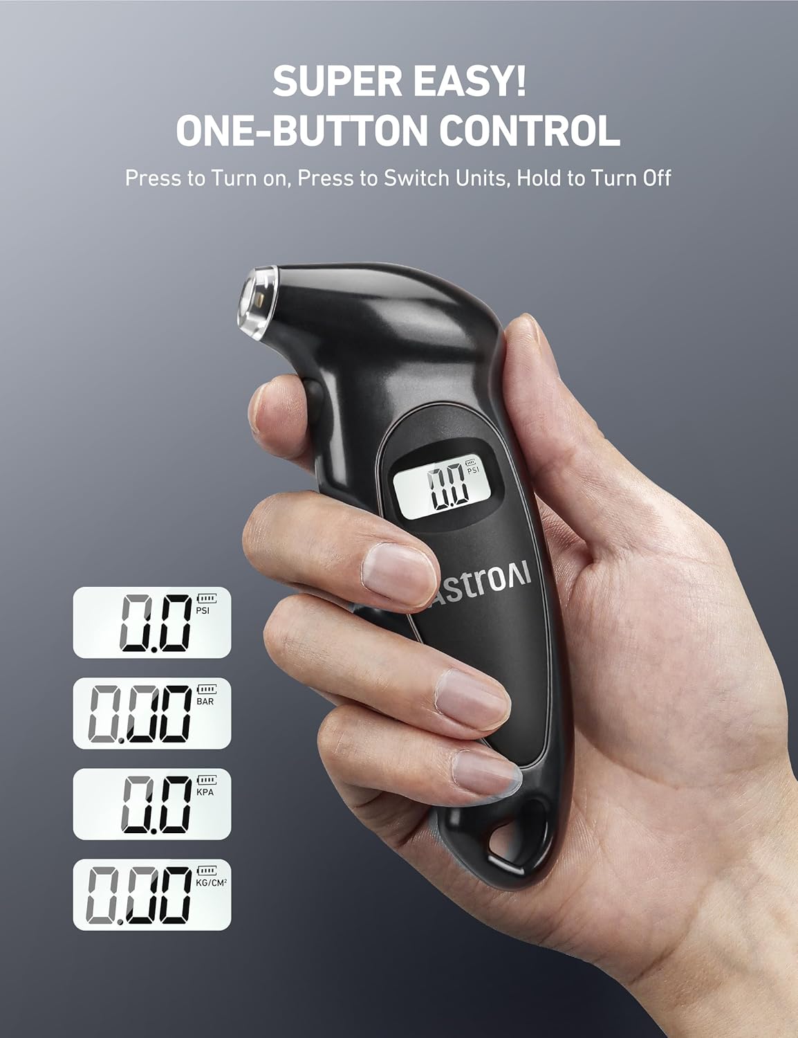 AstroAI Digital Tire Pressure Gauge with Replaceable AAA Batteries, 150 PSI 4 Settings Industrial Tire Gauge for Car Truck Bicycle Backlit LCD Non-Slip Grip Car Accessories(Black)