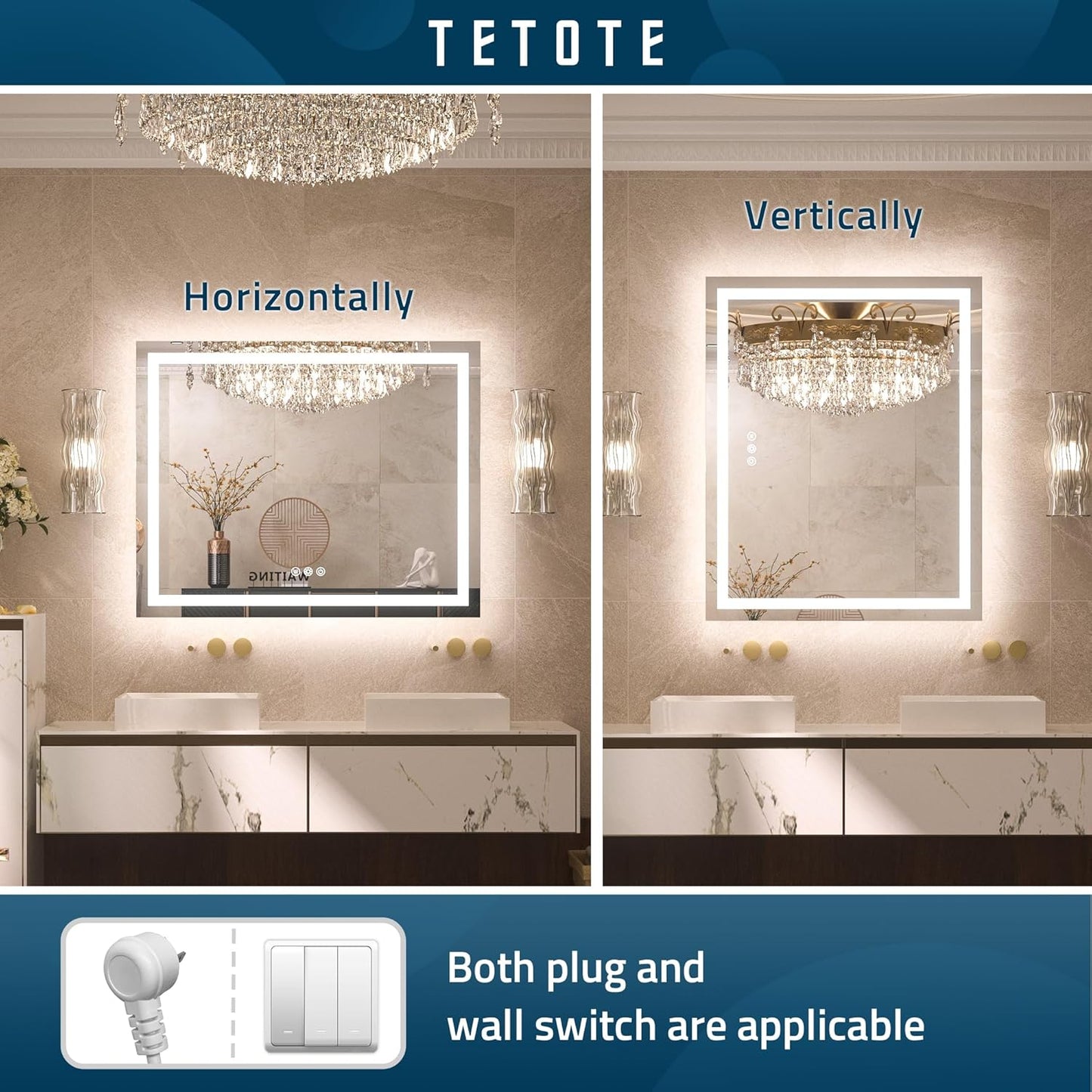 TETOTE LED Bathroom Mirror 20x28 Frontlit & Backlit Lighted Vanity Mirror Anti Fog Stepless Dimmable 3 Colors White/Warm/Natural,Double Lights,Wall-Mounted(Horizontal/Vertical)