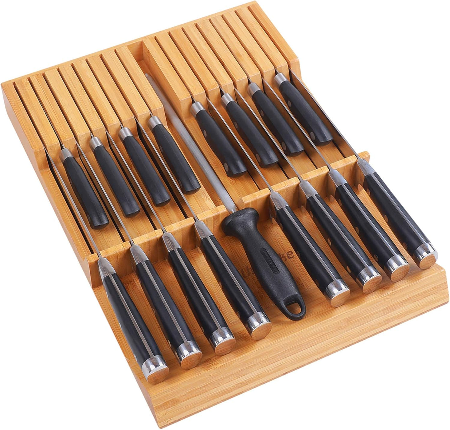 Utoplike in-Drawer Knife Block Bamboo Kitchen Knife Drawer Organizer,Large Handle Steak Knife Holder Without Knives, fit for 16 Knives and 1 Sharpening Steel (16 Knife Organizer)