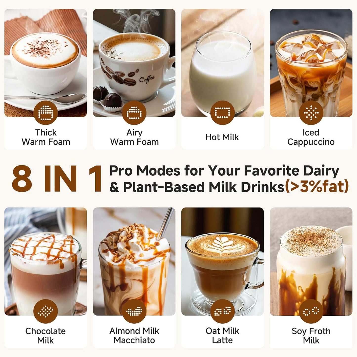 AMZCHEF 8-in-1 Milk Frother Electirc, 17oz (500ml) Stainless Steel Coffee Frother & Steamer, Mousseur A Lait for Latte, Cappuccino, Hot Chocolate, Hot Chocolate, Dishwasher Safe