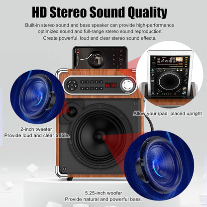 JYX Karaoke Machine with Two Wireless Microphones, Portable Bluetooth Speaker with Bass/Treble Adjustment, Remote Control and LED Lights, Supports TF Card/USB, AUX in, FM, REC for Party