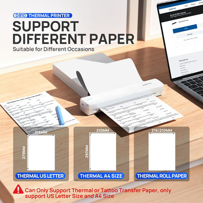 POLONO Portable Printer Wireless for Travel, D810 Bluetooth Thermal Printer Support for 8.5"x11" US Letter, Inkless Compatible with iOS, Android, Laptop for Office, Car and Home, White