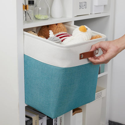 DULLEMELO Storage Baskets for Shelves, Fabric Collapsible Rectangular Storage Bins for Shelves, Closets, Nursery, Home, Office, Empty Gift Baskets (White&Teal)