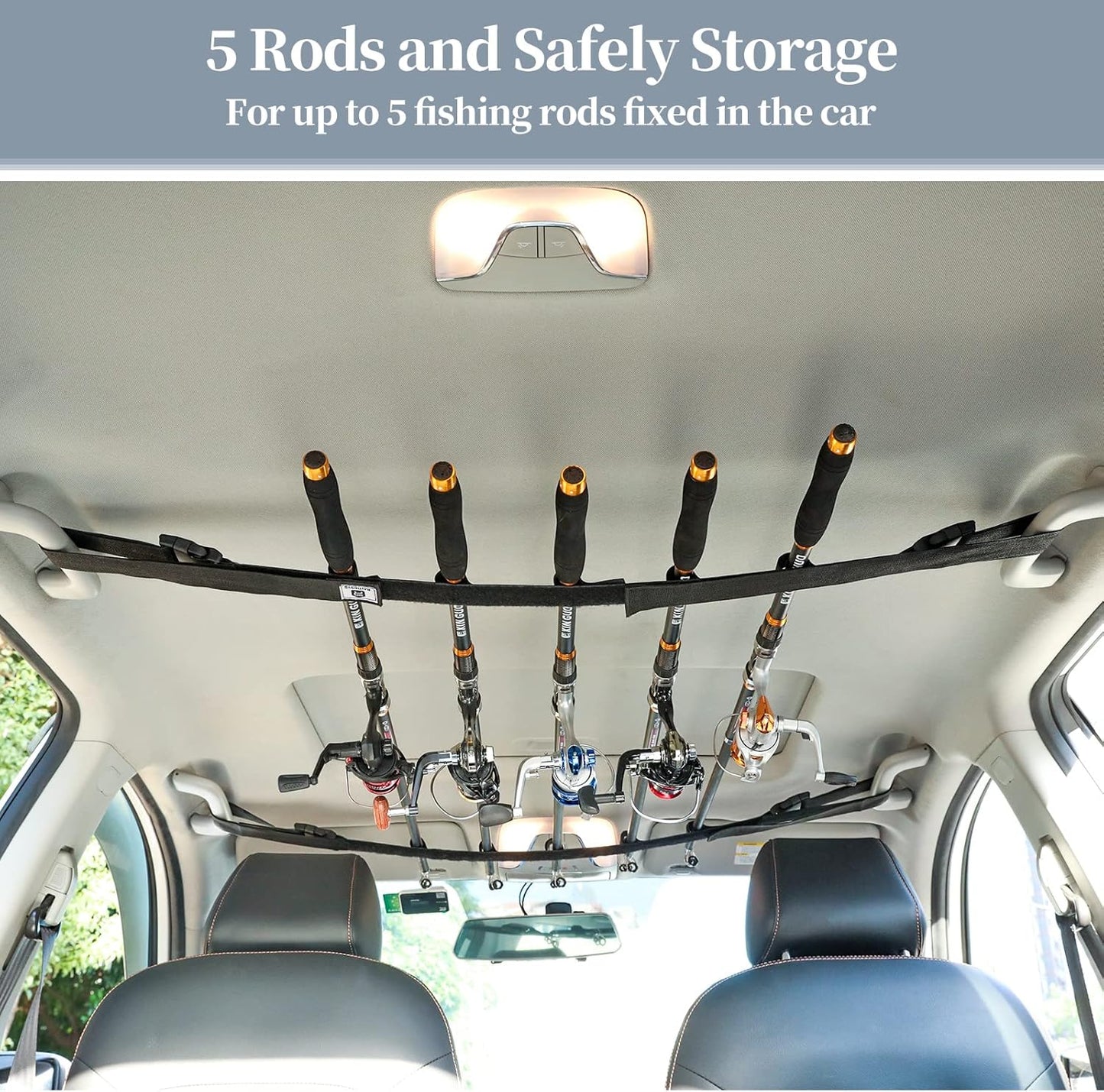 Raynesys 2 Pack Vehicle Fishing Rod Holder, Car Adjustable Fishing Rod Holder Fishing Rod Rack, Easy Install Fishing Car Rod Carrier Belt Strap for Long Travel and Fishing for SUV, Wagons, Van, Black