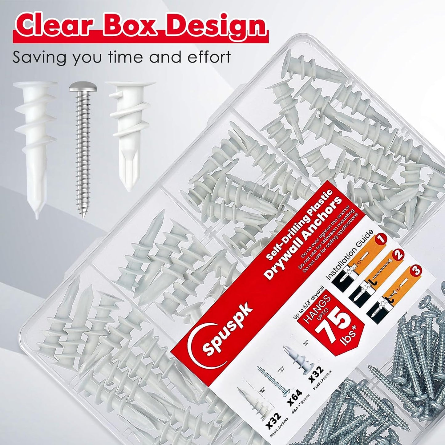 Spuspk #8 Self Drilling Drywall Anchors,120Pcs Wall Anchors and Screws for Drywall, 60 Self-Tapping/Threaded Plastic Sheetrock Anchors + 60#8 x 1-1/4'' Screws, 75LB Hanging and Mounting