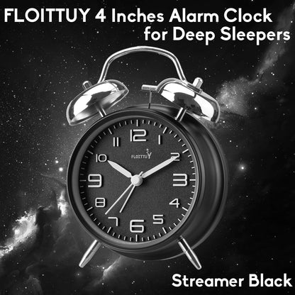 FLOITTUY (Loud Alarm for Deep Sleepers) 4'' Twin Bell Alarm Clock with Backlight for Bedroom and Home Decoration(Black)