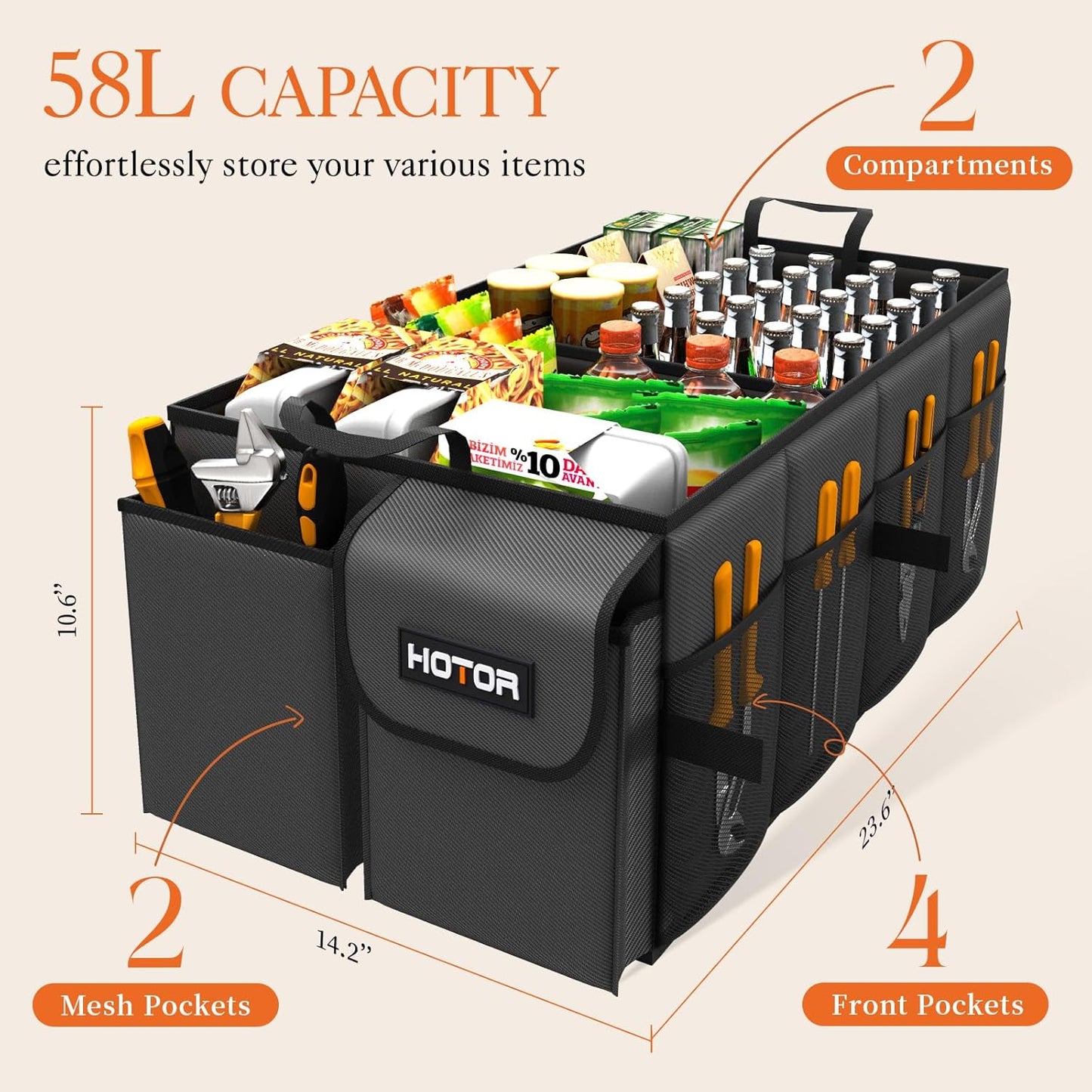 HOTOR Trunk Organizer - Car Organizer, Foldable Trunk organizer for SUVs & Sedans, Car Accessories, Tools, Sundries, 2 Compartments, Black