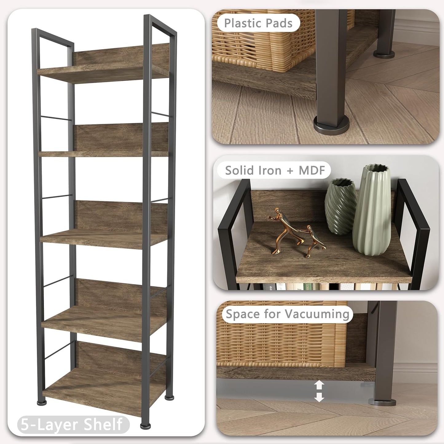 KZZLOL Bookshelf 5 Tier, Corner Bookcase with MDF Board & Metal Frame, Industrial Book Shelf Decor for Living Room, Study, Kitchen ,Bedroom Storage (Dark Brown)