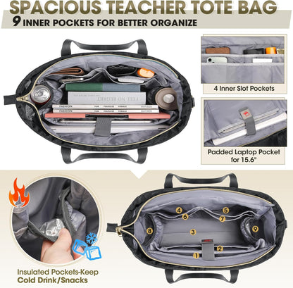 RAINSMORE Laptop Bag For Women 15.6 Inch Work Teacher Tote Bag Waterproof Nurse Bag Large Handbag Shoulder Travel Computer Messenger Bag Briefcase,Black - PuriLite
