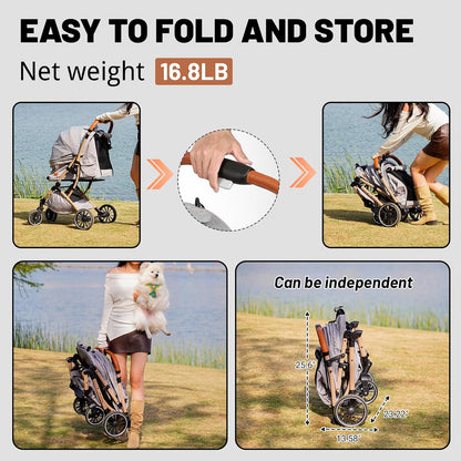 EchoSmile Pet Stroller for Dogs & Cats - One-Touch Foldable Design, Reversible Handle, Shock Absorbing Wheels, Large Pet Carrier Holds 3 Small/Medium Pets (50lbs), Removable Washable Pad & Storage Basket(Gray)