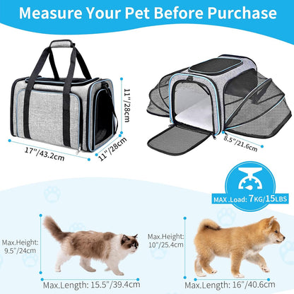 Expandable Cat Carrier,Pet Carrier Airline Approved 5-Side Ventilation Soft Cat Carrier Bag with Removable Fleece Pad and Shoulder Straps Fit Pets (40L x 25W x 25H cm)