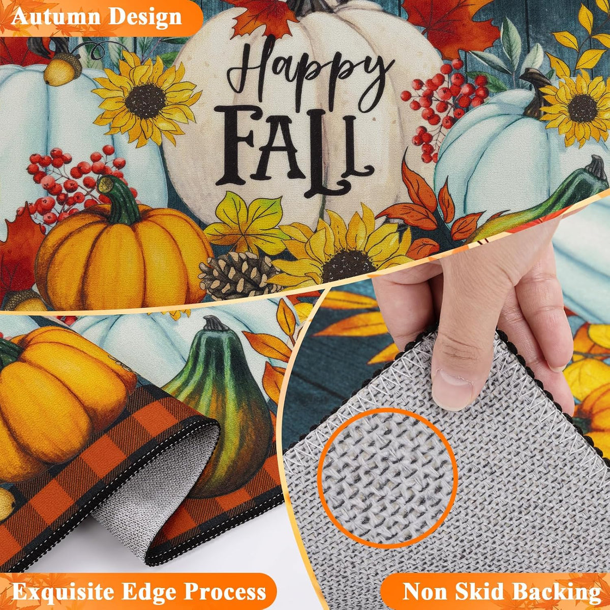HEBE Fall Kitchen Rugs Set of 3, Washable Pumpkin Kitchen Mats for Floor Non Slip Buffalo Plaid Autumn Kitchen Runner Rug and Carpet Set, Low Profile Sunflower Floor Mats for Thanksgiving Décor