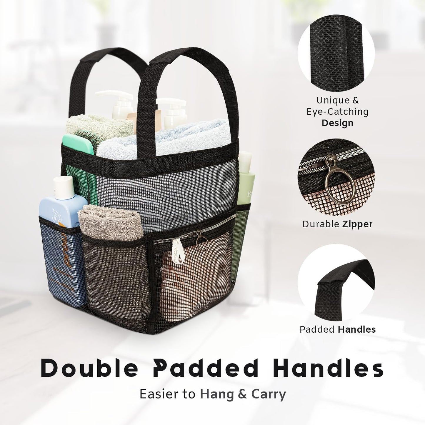 Mesh Shower Caddy Portable 10.2x9.9'' Shower Bag with Zipper & 2 Pockets. Shower Tote Ideal for Gym, Travel, Camp, Beach, for Sunscreen, Dorm & College Essentials (Black)