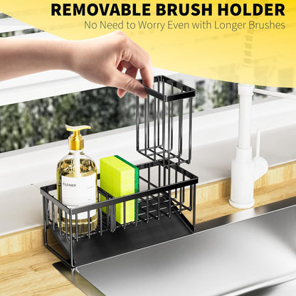 Cisily Kitchen Sink Caddy Organzier with High Brush Holder, Sponge Holder for Sink, 304 Rustproof Stainless, Kitchen Countertop Soap Dispenser Organizer, Kitchen Decor and Accessories (Black)
