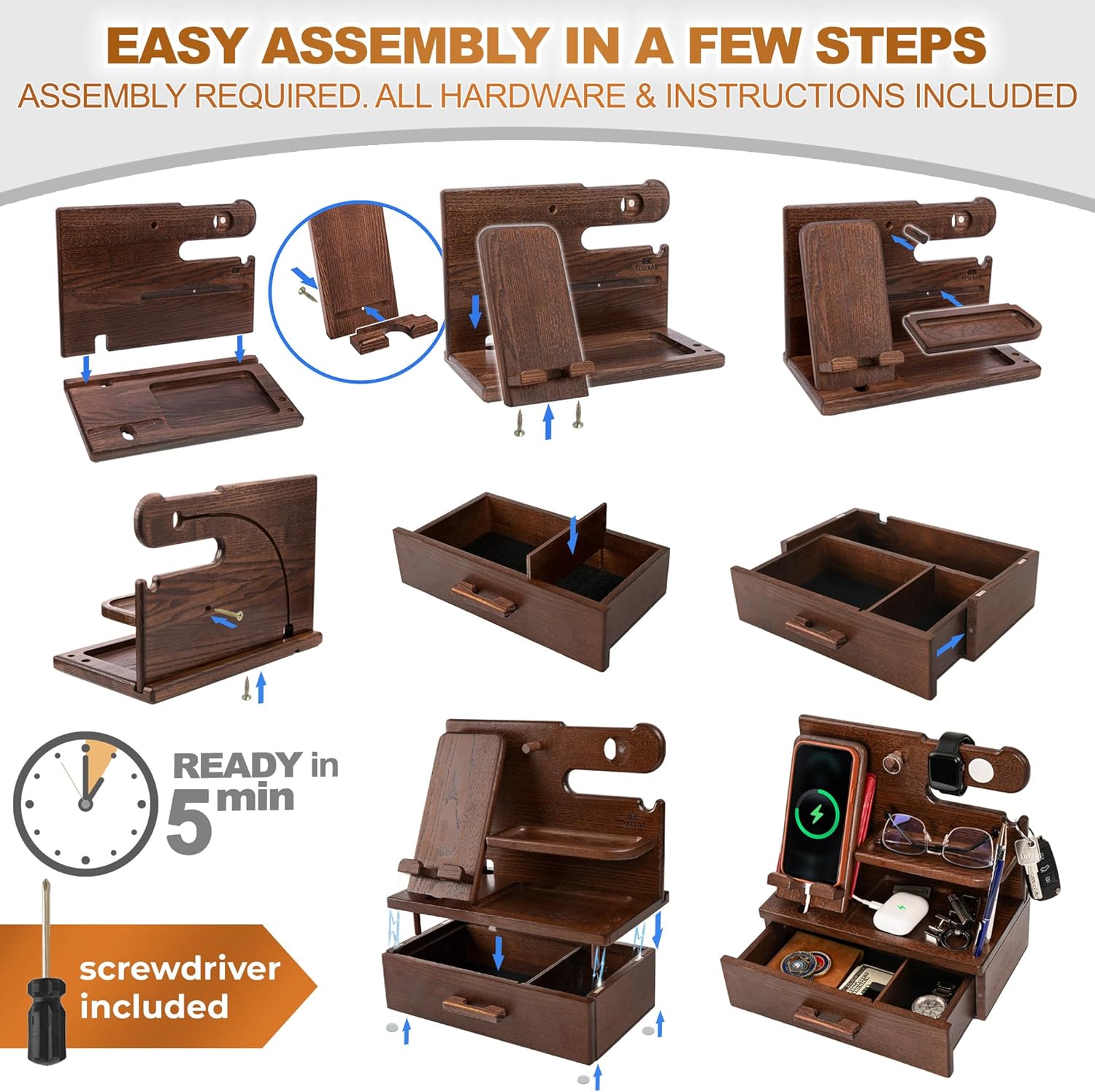 TESLYAR Wood Phone Docking Station with Drawer – Solid Wood Nightstand & Desk Organizer for Phone, Watch, Keys & Accessories - PuriLite