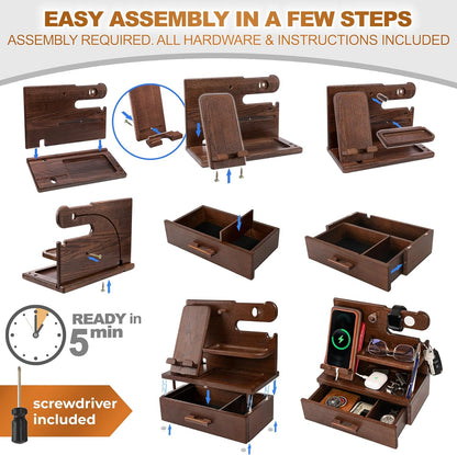 TESLYAR Wood Phone Docking Station with Drawer – Solid Wood Nightstand & Desk Organizer for Phone, Watch, Keys & Accessories - PuriLite