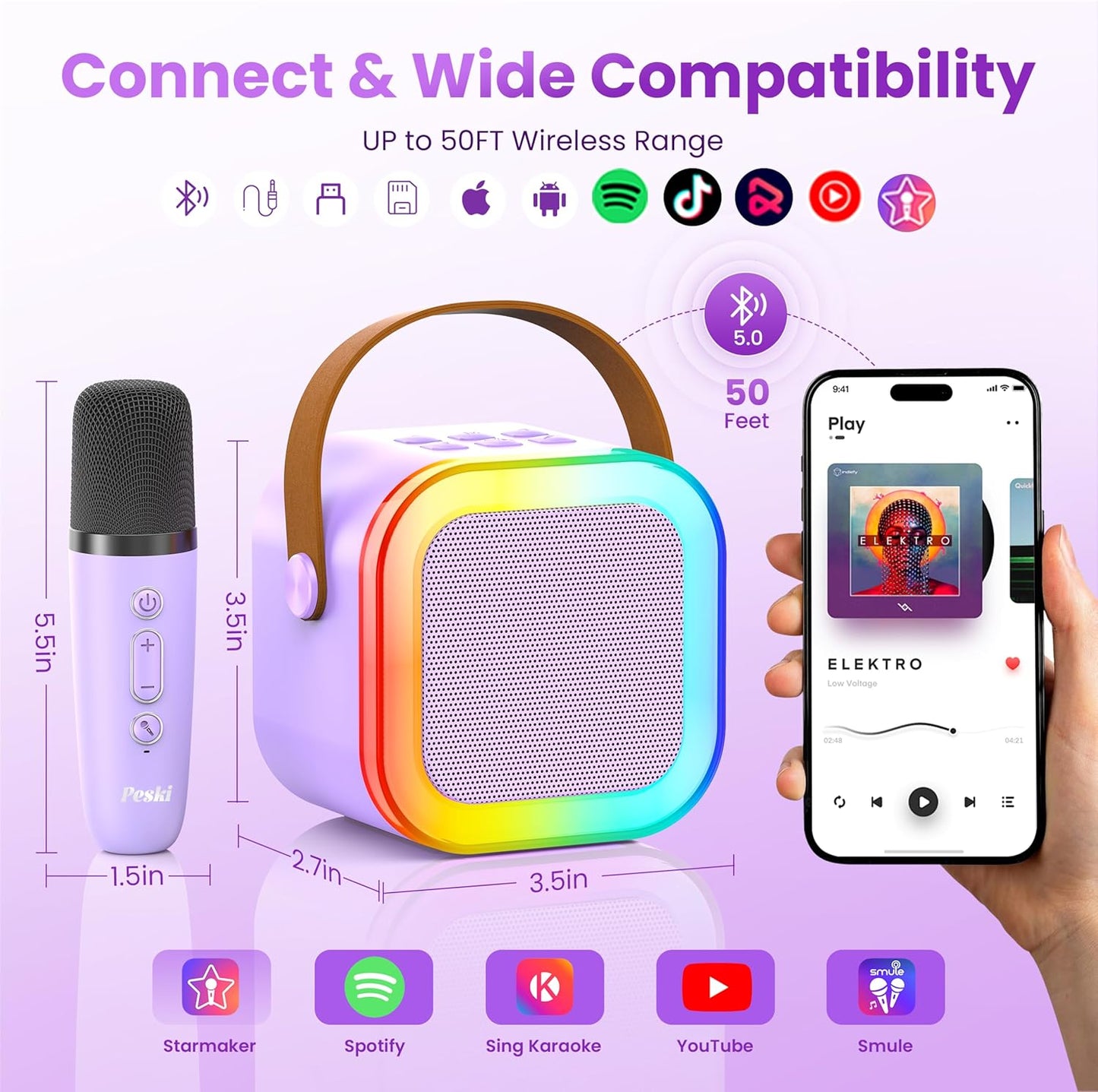Karaoke Machine for Kids Adults, Portable Bluetooth Mini Karaoke Microphone Singing Speaker Karaoke Player with 2 Wireless Mic Toys for All Smartphones,Birthday, Family,Home Party (Purple)