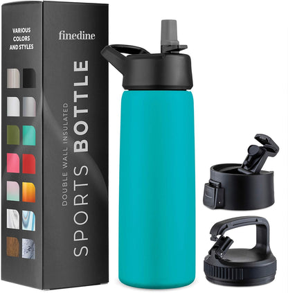FineDine Water Bottle - Stainless Steel Insulated Water Bottle with Straw Lid, Flip Lid & Wide-Mouth Cap - Keeps Hot and Cold - 25 Oz / 739ml - Pure Pearly White