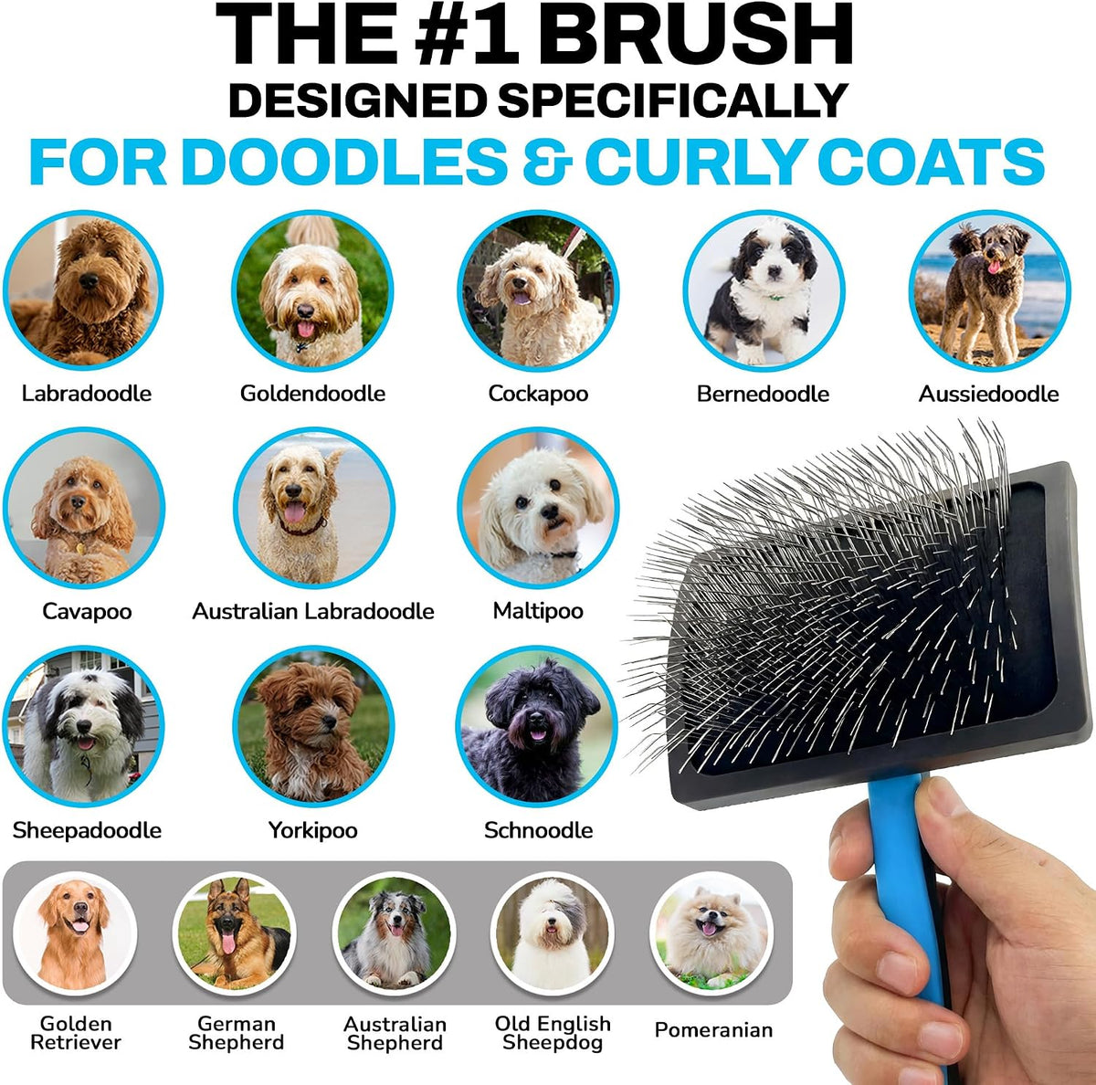 The Doodle Brush Slicker Brush Curly Coat Detangler, Extra Long Pin