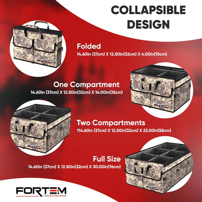 FORTEM Car Trunk Organizer, Collapsible Multi Compartment Car Organizer, Foldable SUV Storage for Car Accessories for Women Men, Non Slip Bottom, Securing Straps, Soft Cover 50L (Black, Standard)