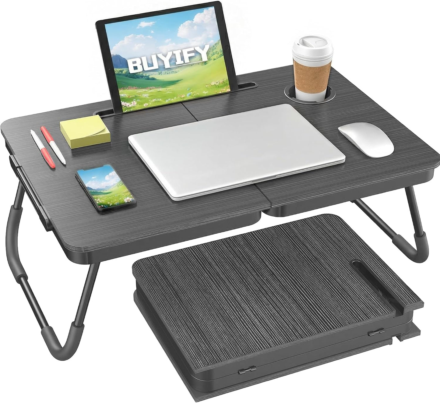 BUYIFY Portable Foldable Laptop Desk for Bed and Couch, Adjustable Lap Desk with Cup Holder and Phone Holder, Ideal for Working, Reading, Writing, and Breakfast (Black)-USA Original Patent