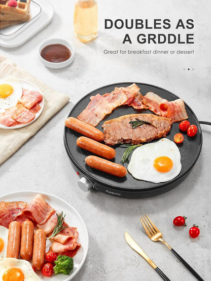 Crepe Maker Machine, Reemix Compact Pancake Griddle Precise Temperature Control, Nonstick 12” Electric Griddle, Batter Spreader for Eggs, Pancakes, Omelets and Quesadillas, Includes Spatula, Spreader