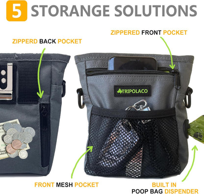 TRIPOLACO Magnetic Dog Treat Pouch - Quick-Access Treat Pouches for Pet Training with Multiple Pockets, Poop Bag Dispenser & Phone Holder, 3 Wear Styles, Ideal Dog Treat Bag for Training & Walks