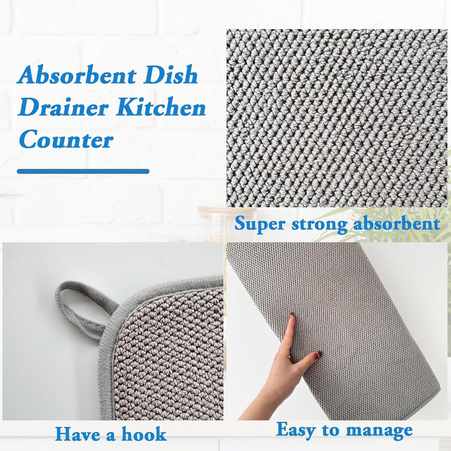 2 Pack Microfiber Dish Drying Mat,24*17 inch Absorbent Dish Drainer Kitchen Counter,Large Size Dish Drying Pad for Countertops,Sinks,Draining Racks(Gray)