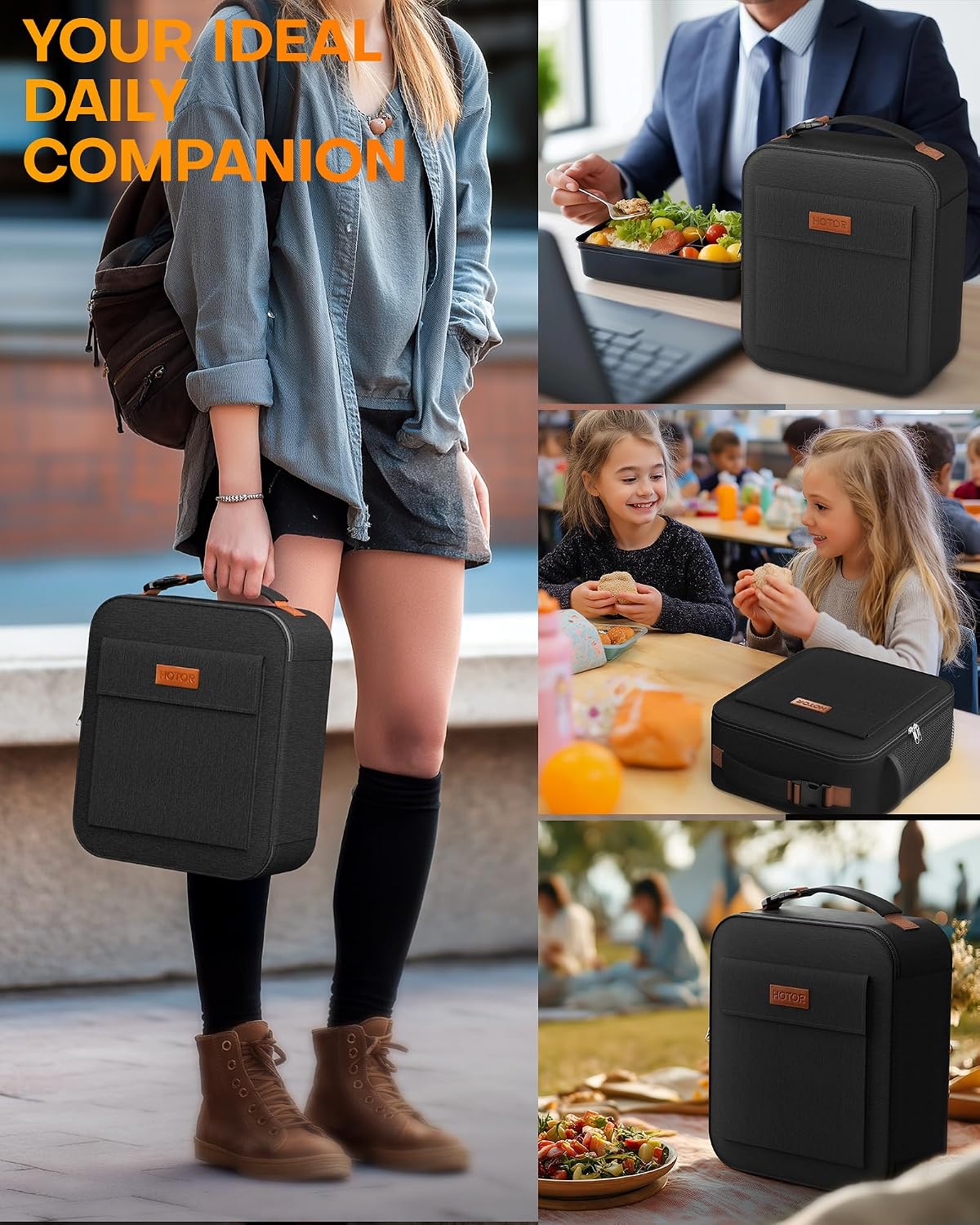 HOTOR Insulated Lunch Bag for Women Men Cooler Lunch Box, Black