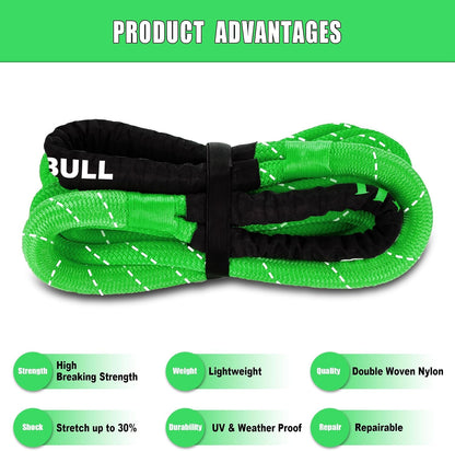 Kinetic Recovery Rope,(1in x 30ft Green) 48,500lbs Snatch Strap, Heavy Duty Stretch Nylon Towing Ropes with 2pcs Soft Shackles for Offroad Vehicle, Jeep, SUV, ATV, Tractor Elastic Ropes Kit