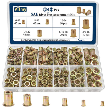 Vifmy Metric & SAE Rivet Nut Assortment Kit(420 Pcs),m3 m4 m5 m6 m8 m10 m12#6-32#8-32#10-24 1/4"-20 5/16"-18 3/8"-16 UNC Flat Head Rivnut Set,Zinc Plated Finish Carbon Steel Nutsert