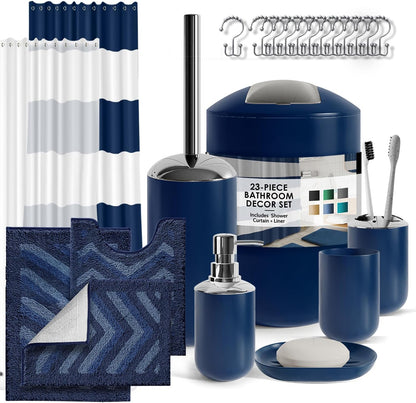 Clara Clark Bathroom Set - Gray Bathroom Accessories Set, Bathroom Sets with Shower Curtain and Rugs, 23PC Shower Curtain Set with Liner, Soap Dispenser, Soap Dish, Toilet Brush Holder, and Trash Can