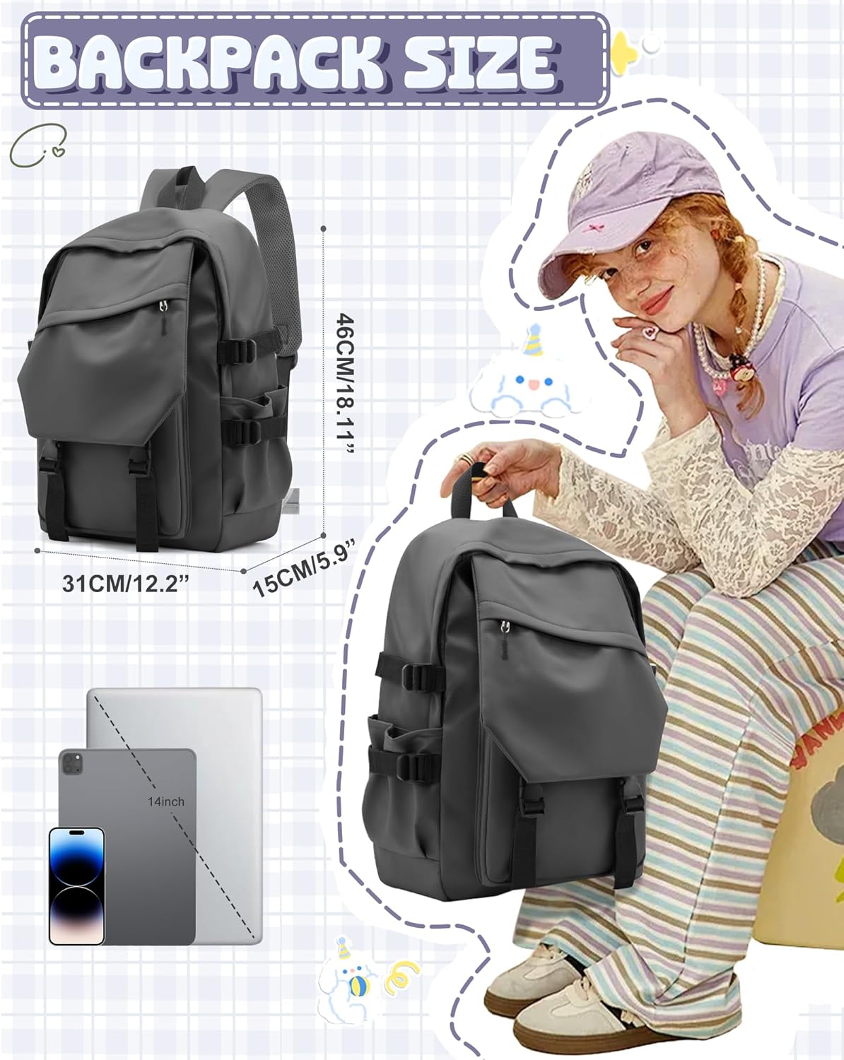 School Backpack for Women Men College High School Bags for Boys Girls Casual Daypack Laptop Backpack Waterproof Black Bookbag Travel Rucksack