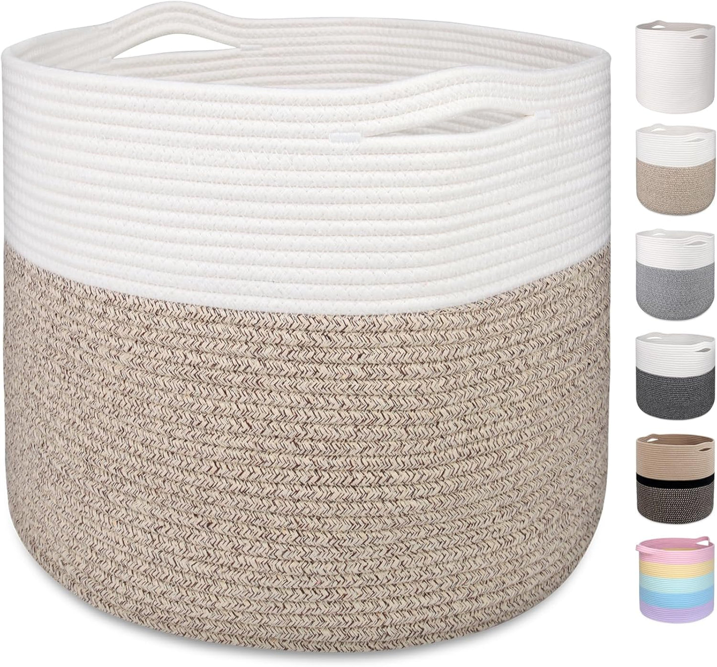 Large Cotton Rope Woven Basket 15.8x13.8in – Round Storage Bin for Laundry, Toys, Blankets, and Home Decor – White & Brown Modern Organizer Basket - PuriLite